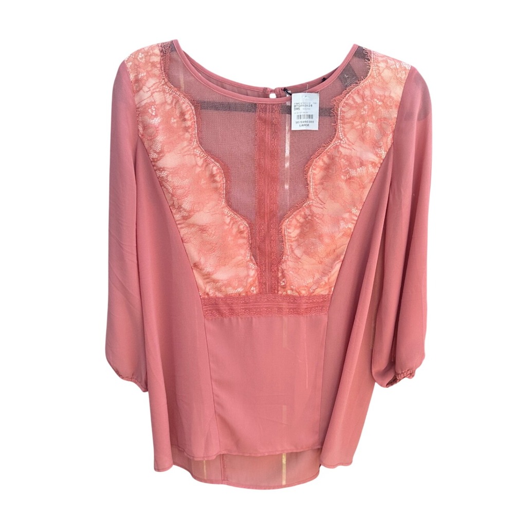 Buckle B Dusty Rose Lace Mesh Chiffon Blouse 3/4 Sleeve Top BTQR13128 Large